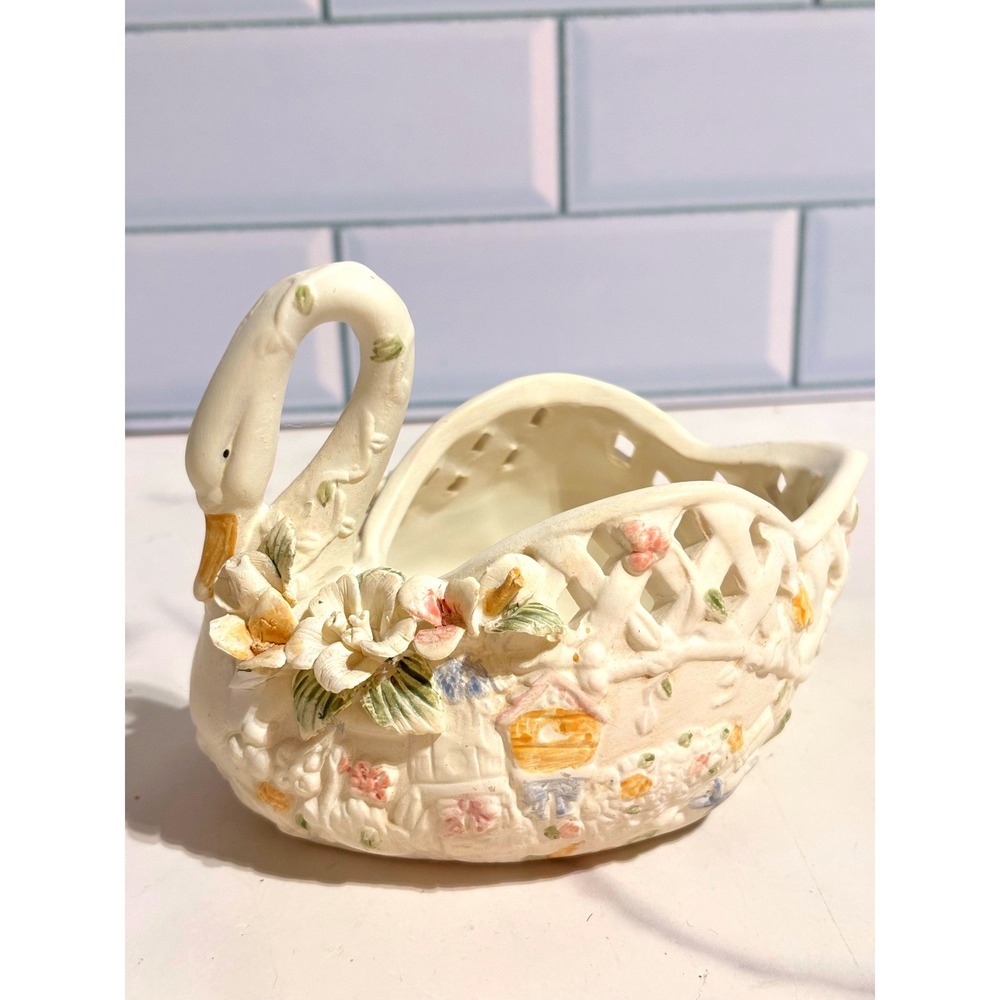 Vintage Ceramic Swan Planter Lattice Floral Trinket Dish Cottagecore Decor